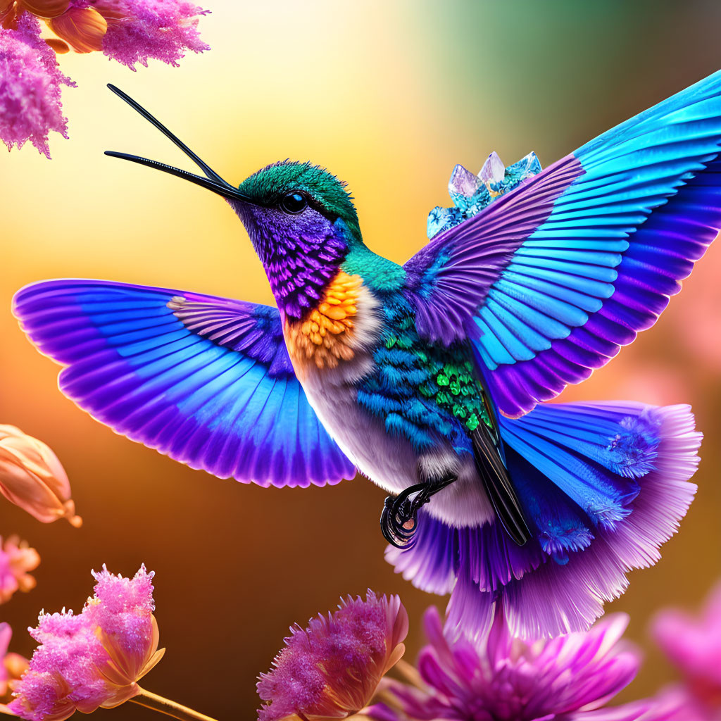 Colorful hummingbird with spread blue wings over pink flowers.