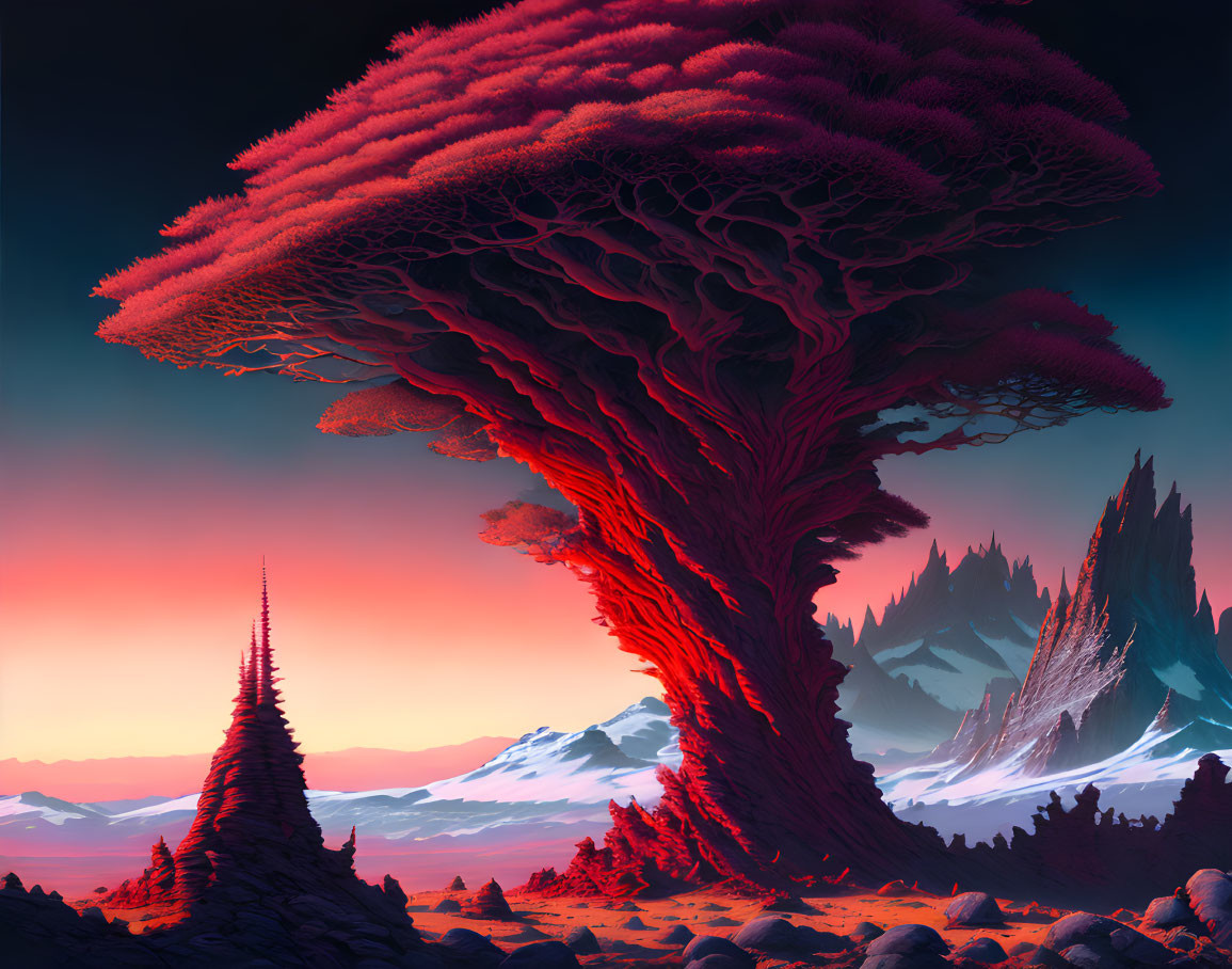 Digital artwork of colossal tree against surreal sunset