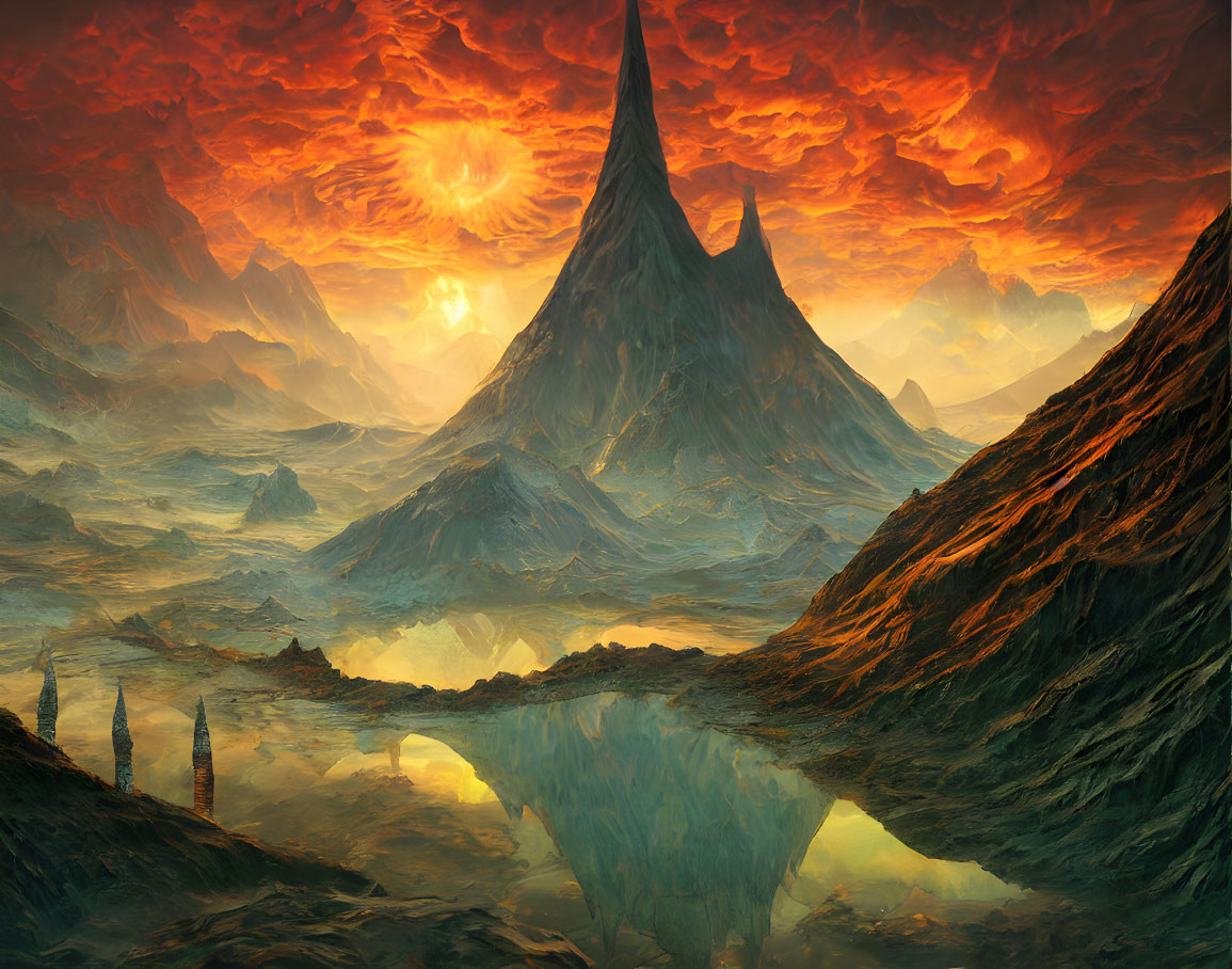 Dramatic fiery sky over desolate landscape with jagged peaks