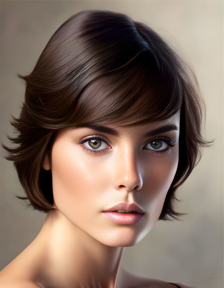 Realistic digital portrait of a woman with short brown hair and hazel eyes