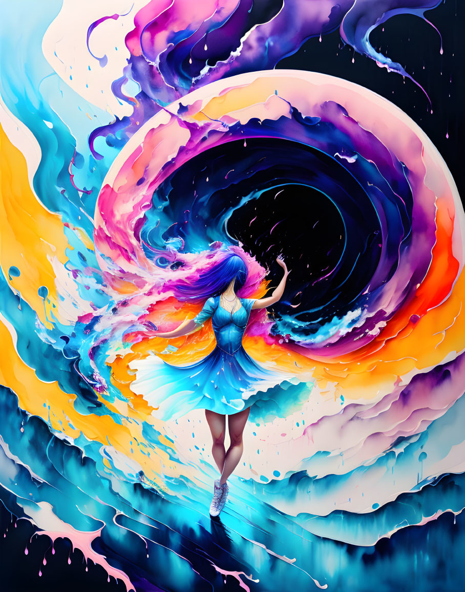 Colorful digital artwork: Person entering swirling galaxy portal