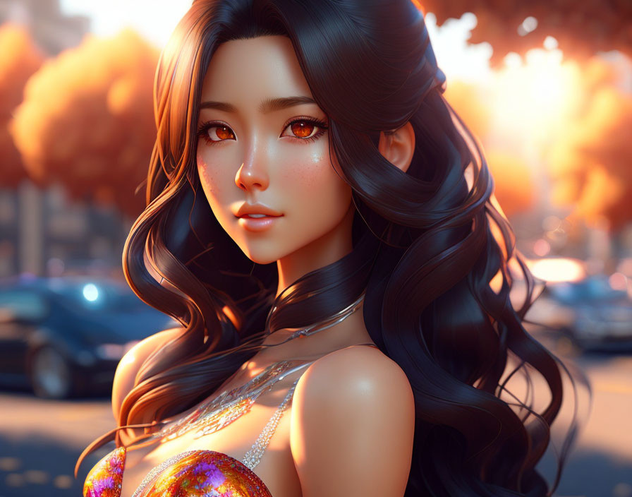 3D Rendered Image of Woman with Long Wavy Hair and Sparkly Top in Urban Setting