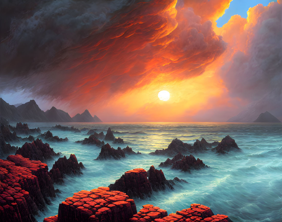 Dramatic Coastal Sunset with Fiery Clouds and Hexagonal Rock Formations