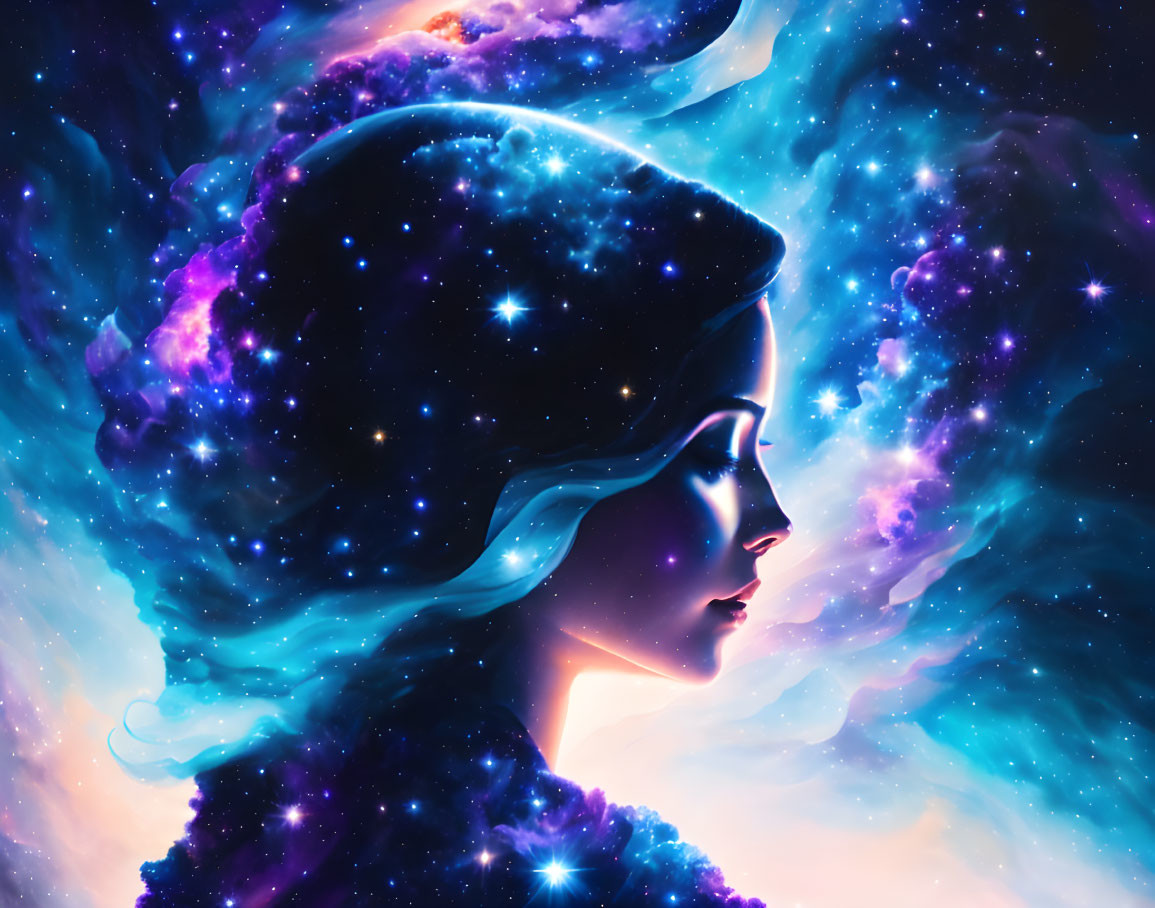 Silhouette of Woman with Cosmic Starry Sky in Blues and Purples