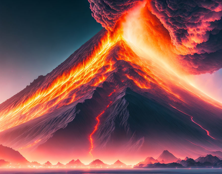 Mountainous volcano erupting with flowing lava and ash clouds under red and orange sky