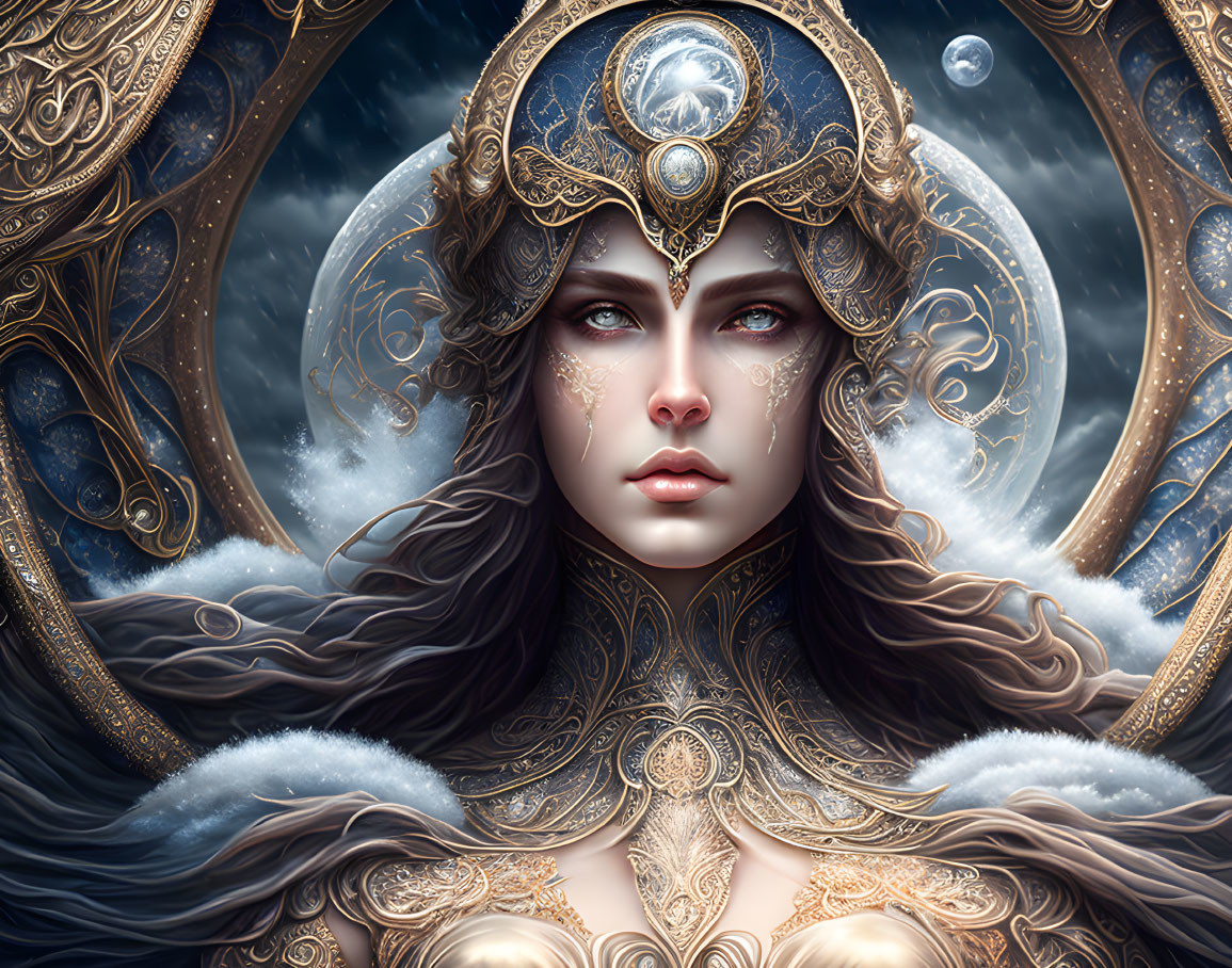 Fantasy portrait of a woman with golden headgear, blue eyes, clouds, moons, mystical aesthetic