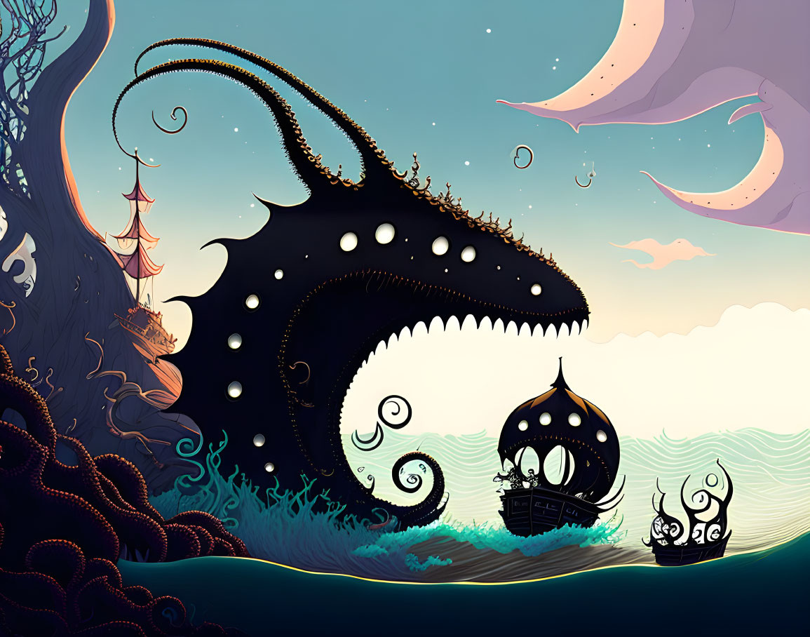 Illustration of giant sea monster with tentacles menacing small ships at dusk