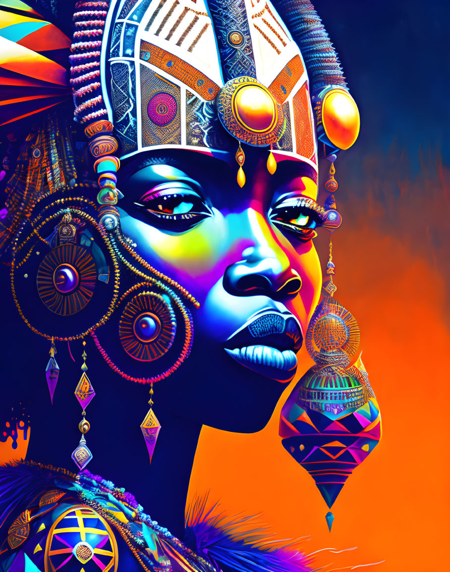 Colorful digital portrait of woman with intricate headdress and jewelry on dark background