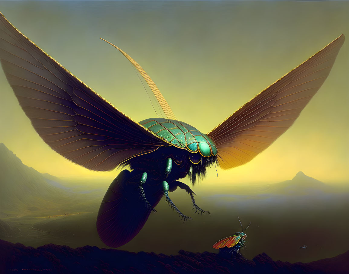 Hyperrealistic Illustration of Giant Flying Insect with Iridescent Wings