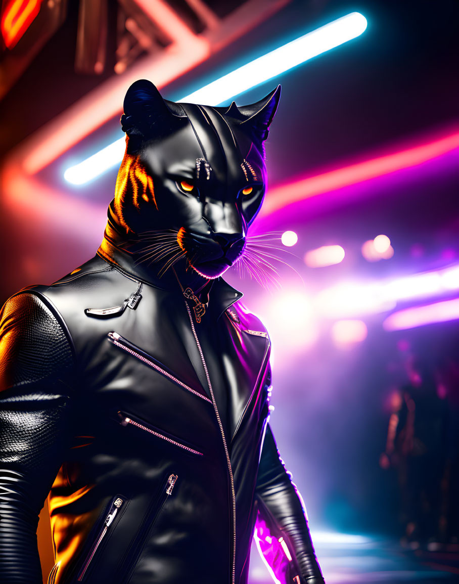 Person in Black Leather Outfit with Panther Head Mask under Neon Lights