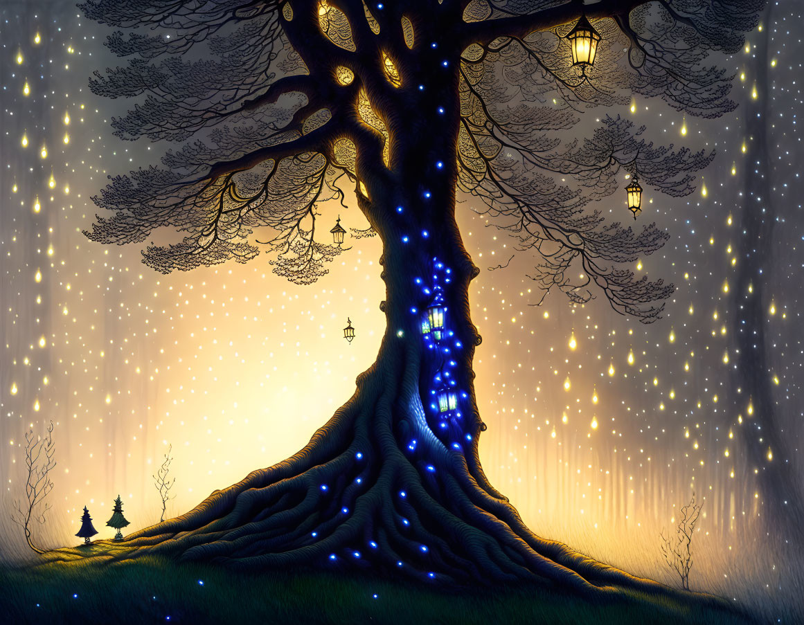 Mystical tree with glowing blue lights and lanterns under starry twilight sky