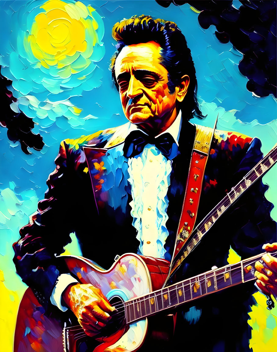 Colorful painting of man in suit with guitar on vibrant backdrop