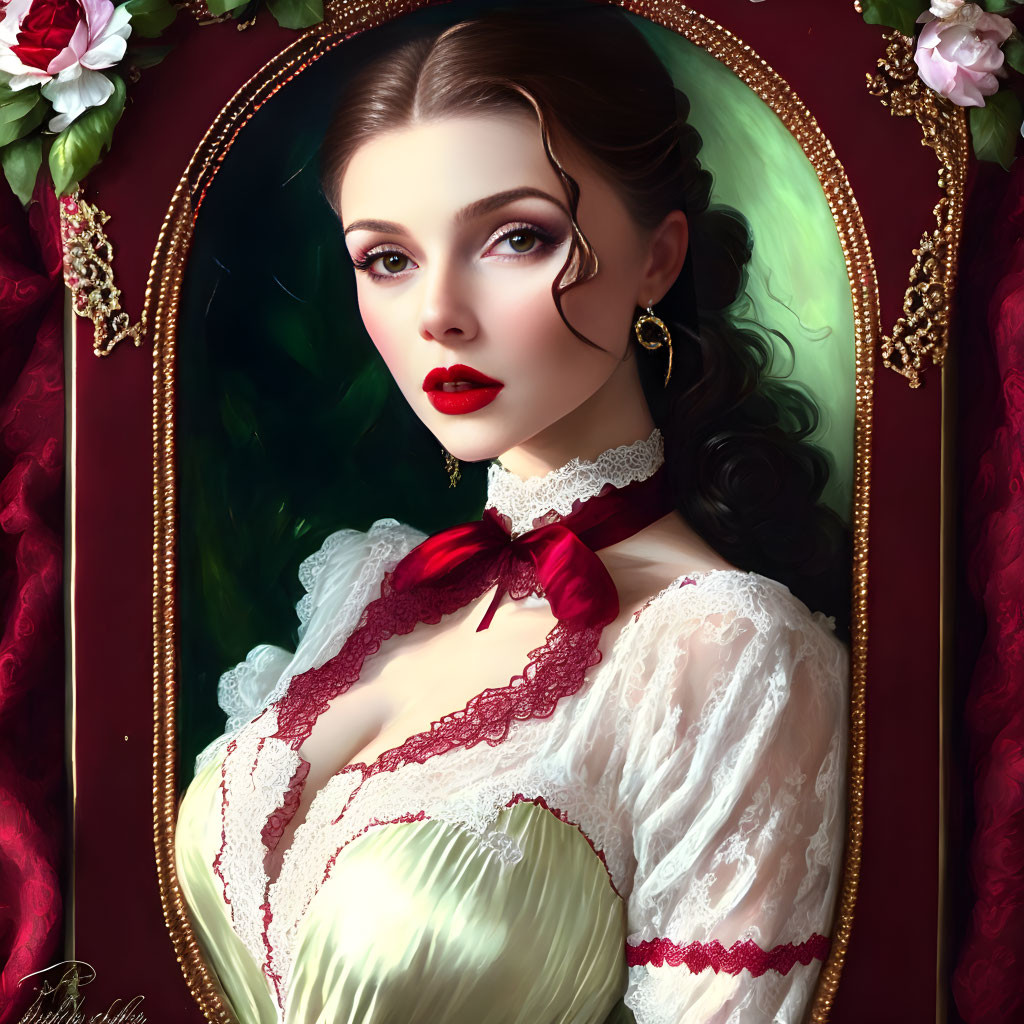 Elegant woman in white dress with red accents in front of ornate golden mirror