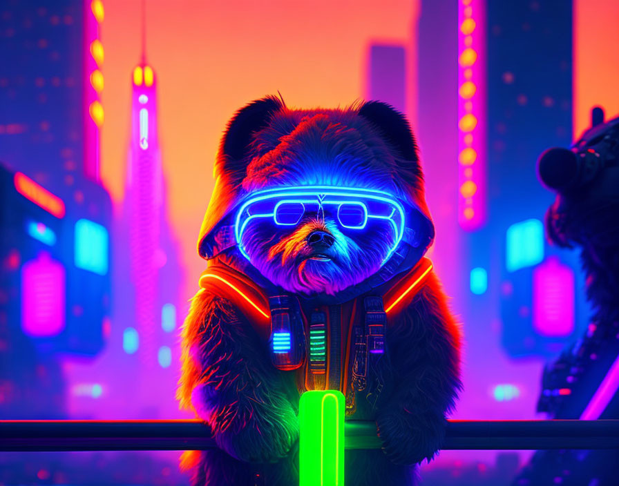 Anthropomorphic raccoon in futuristic attire with neon glasses in cyberpunk cityscape