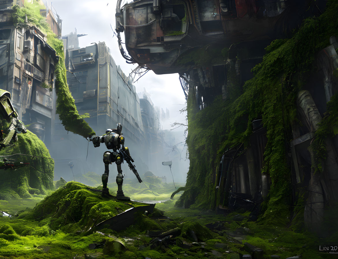 Mech suit patrols overgrown, post-apocalyptic street