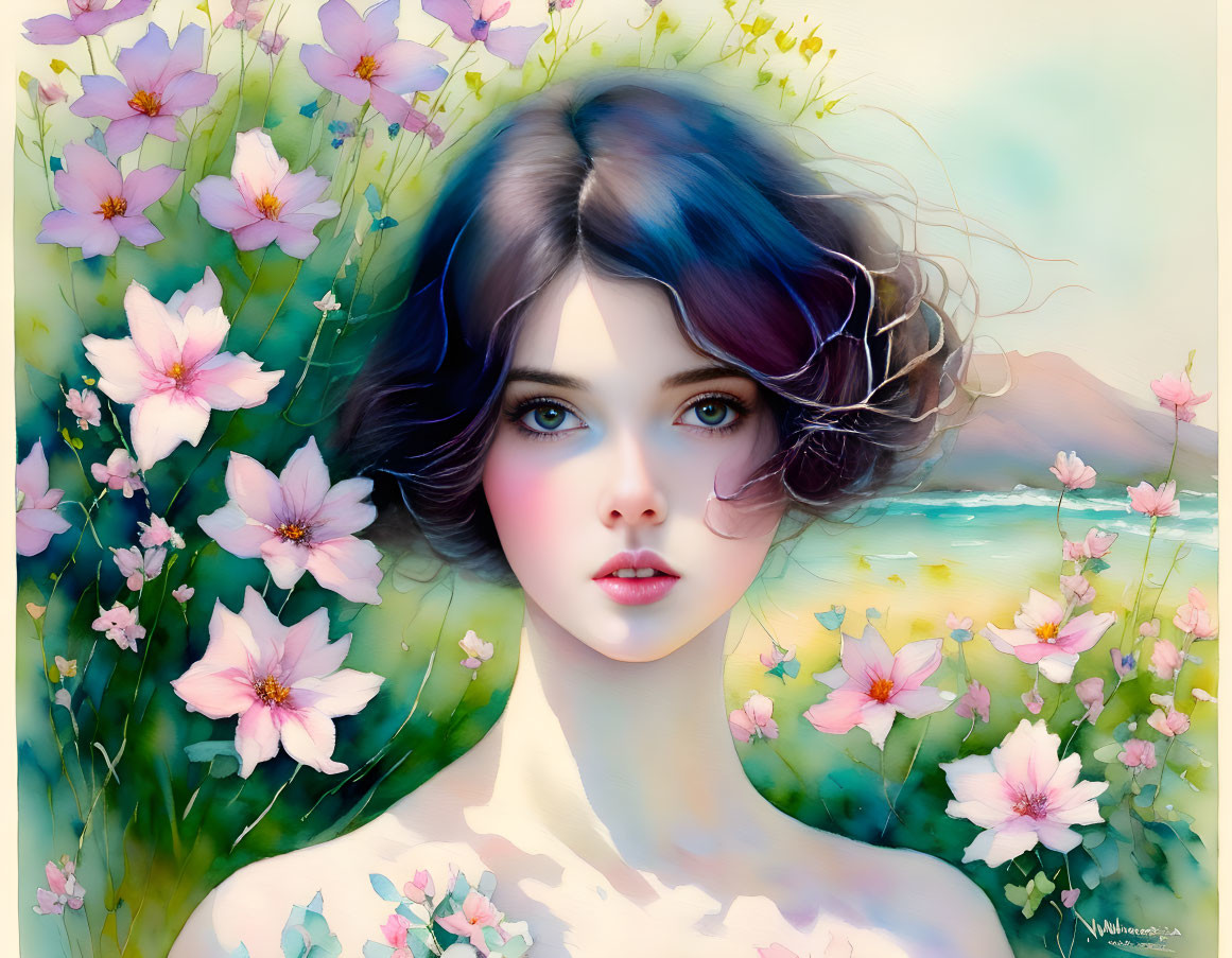 Young Woman Portrait with Striking Blue Eyes and Dark Hair in Floral Pastel Background