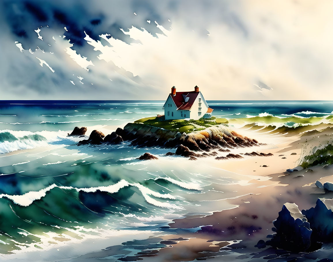 Coastal Scene Painting: Two Houses on Rocky Outcrop Amid Turbulent Waves