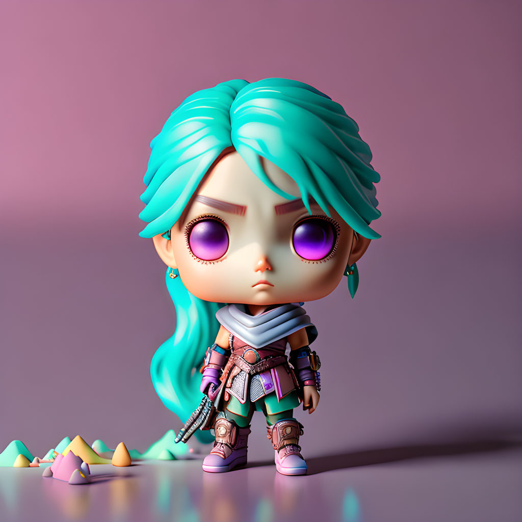 Stylized chibi character in fantasy armor with turquoise hair