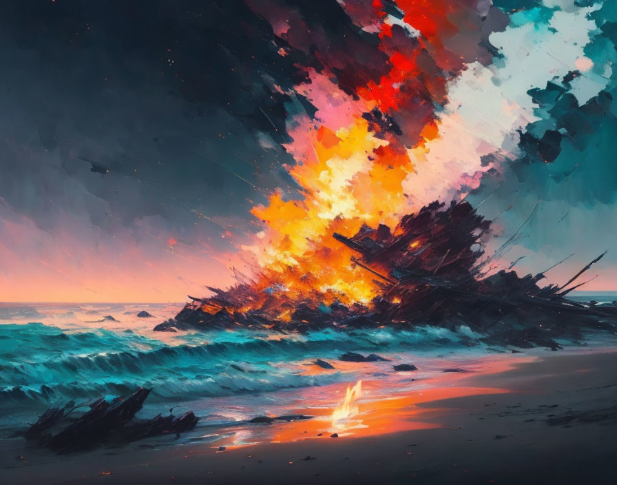 Fiery explosion over tumultuous sea at dusk