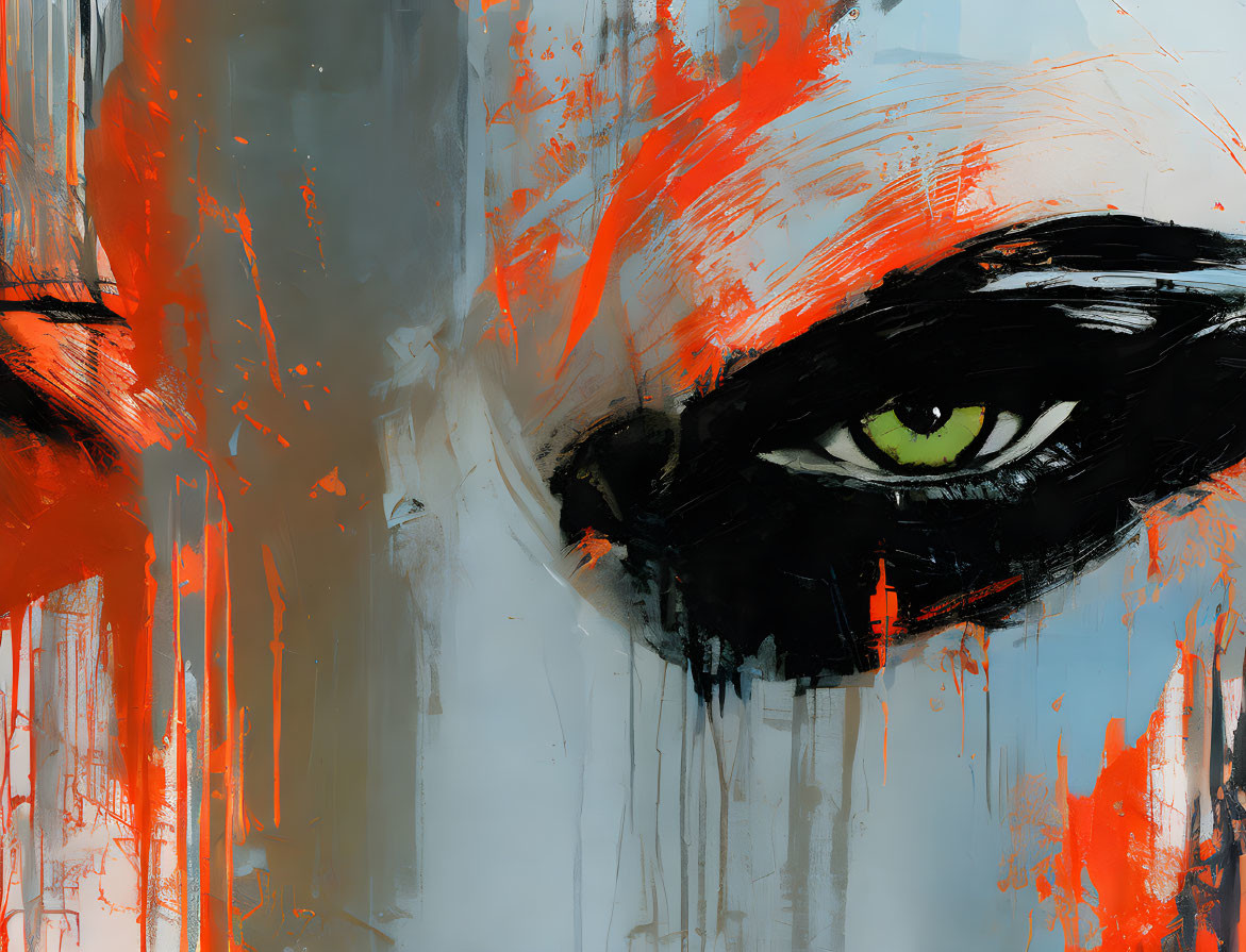 Abstract art: Green-eyed figure with orange and black paint streaks