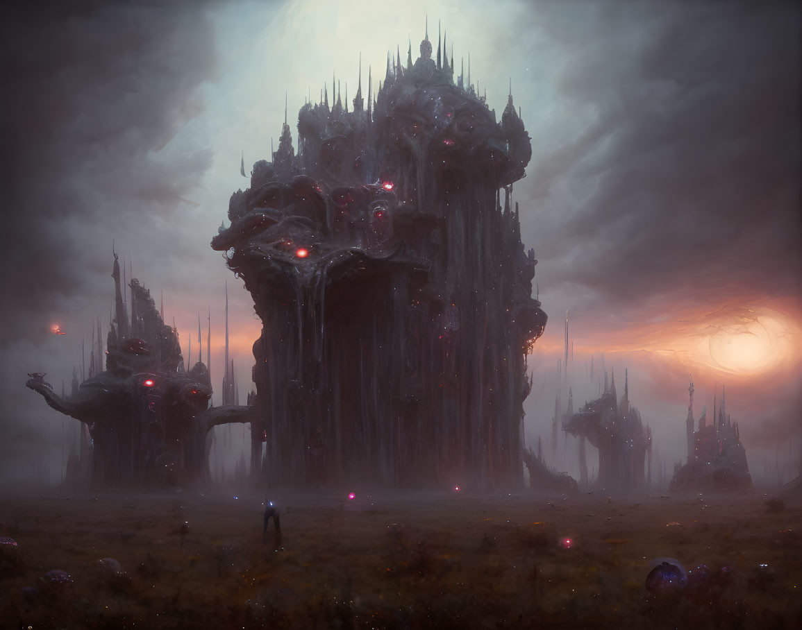 Dark fantasy landscape with towering spire structures and lone figure at dusk