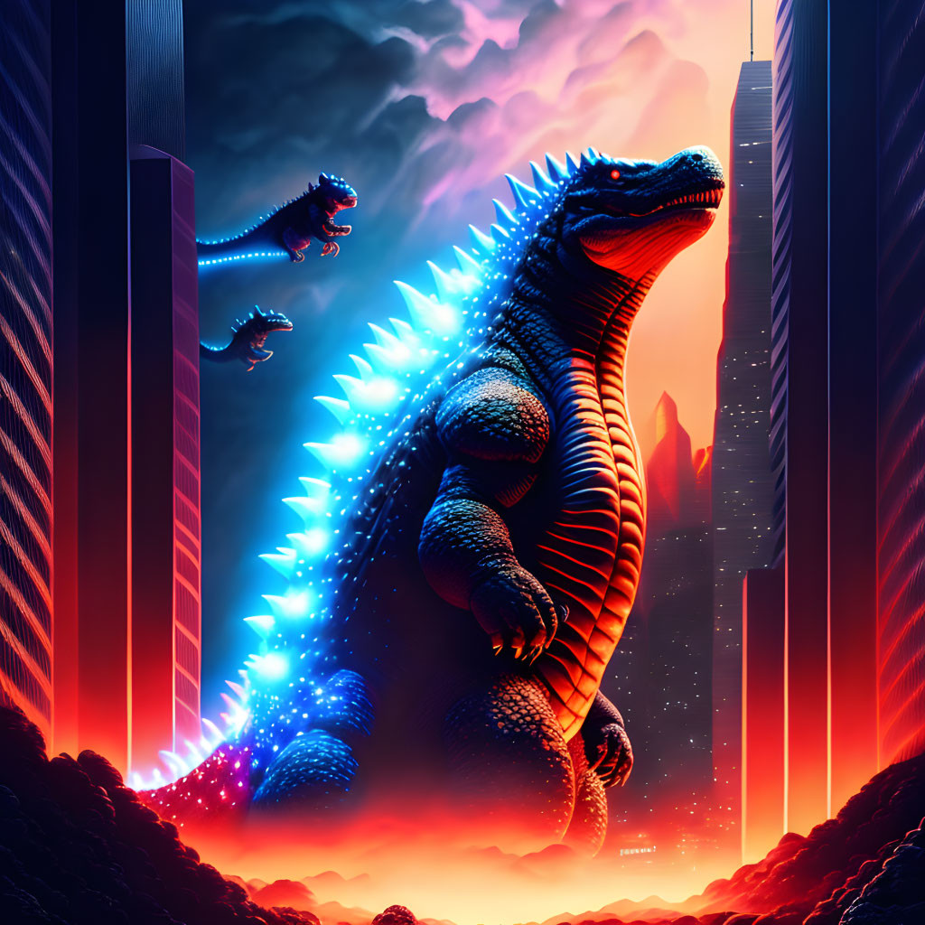 Giant Godzilla in neon-lit cityscape with flying creatures