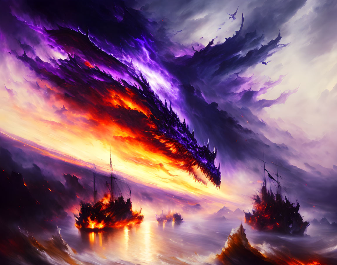 Fantasy scene: Ships on fire in turbulent waters under fiery sky