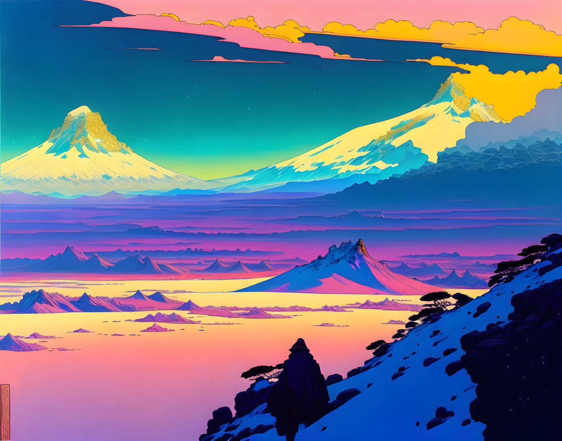 Surreal digital artwork: Snow-capped mountains, pink skies, yellow clouds