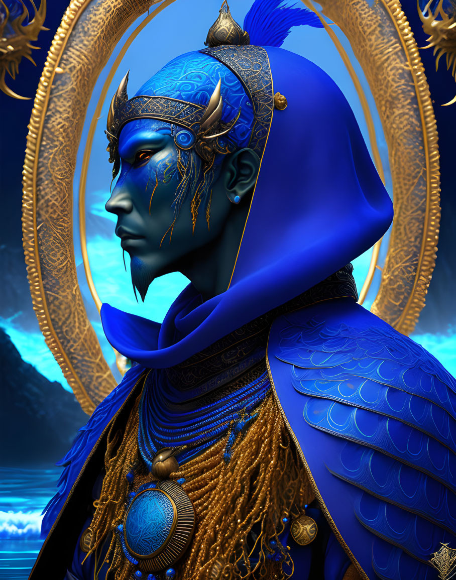 Blue-skinned character with golden headgear and jewelry in surreal digital artwork