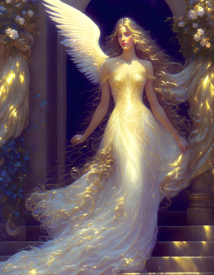 Luminous figure with golden gown on staircase amid glowing flowers