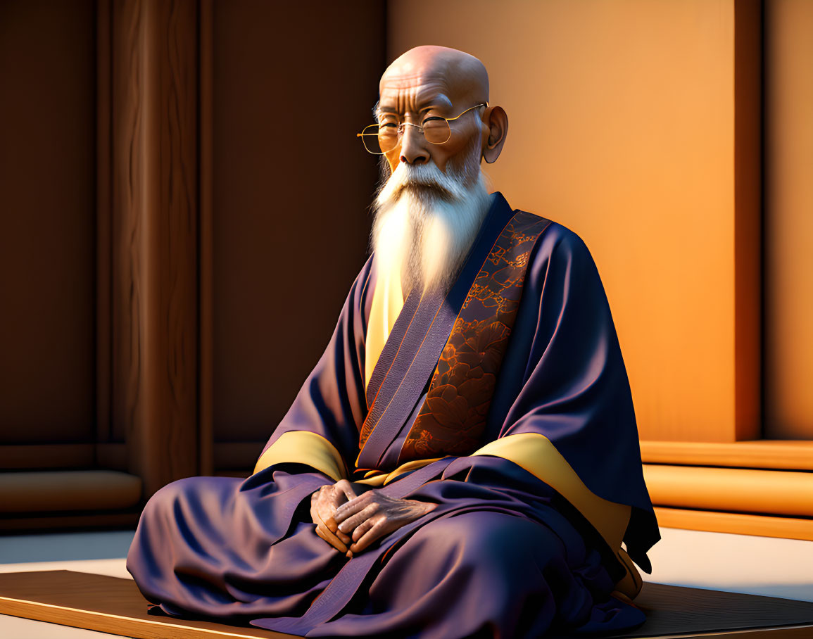 Elderly animated character in traditional robes with long white beard.