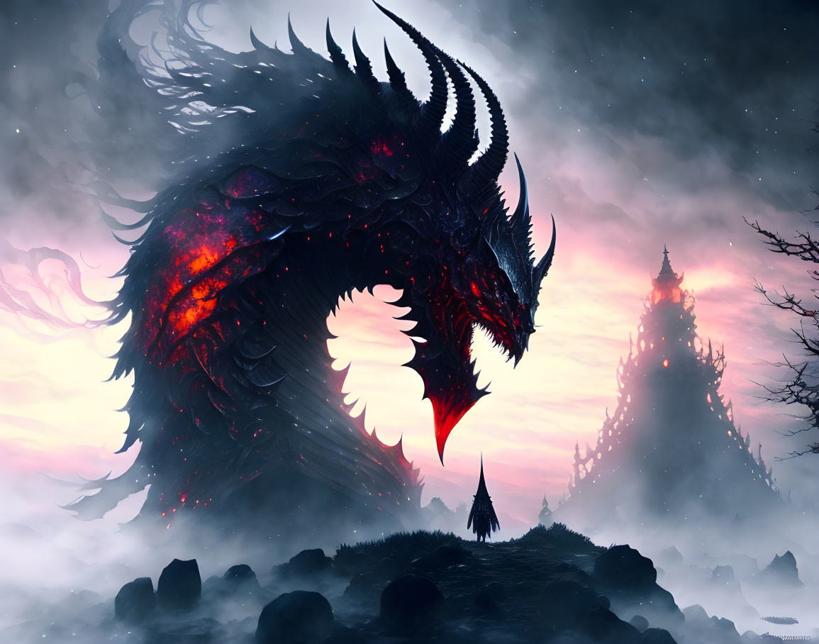 Monstrous dragon in misty landscape with glowing red accents and lone figure.