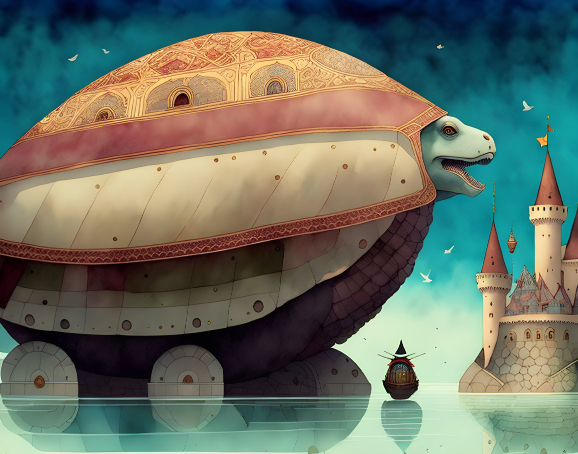 Giant turtle with castle on shell floating near smaller castle under teal sky