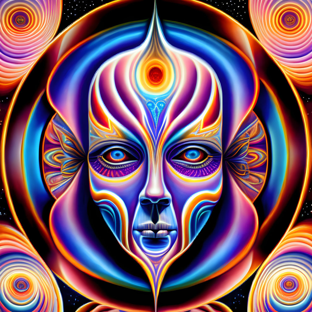 Symmetrical multi-faced figure with cosmic patterns.