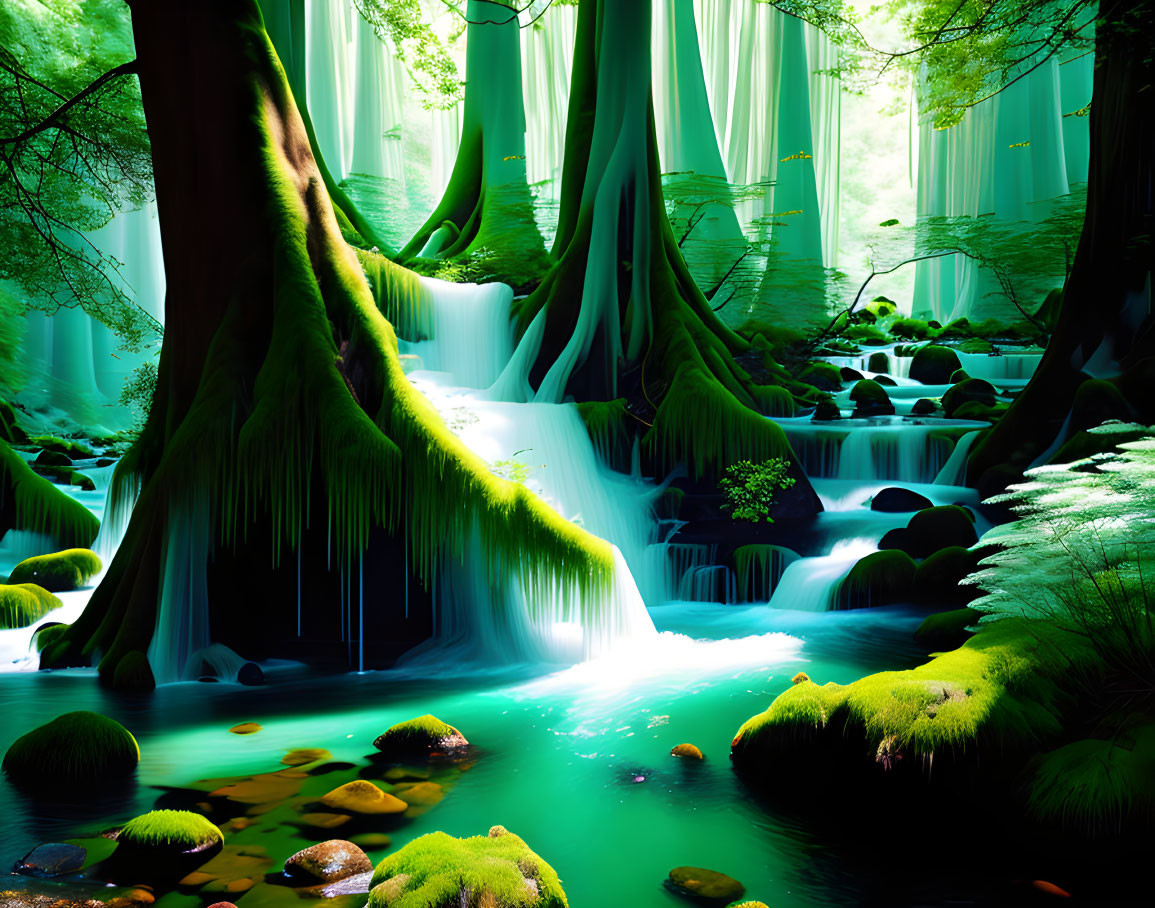 Serene forest scene with waterfalls, mossy rocks, and mystical light.