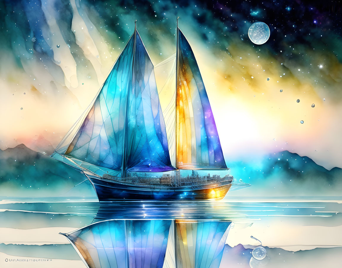 Sailboat Watercolor Painting: Tranquil Scene with Moon and Stars