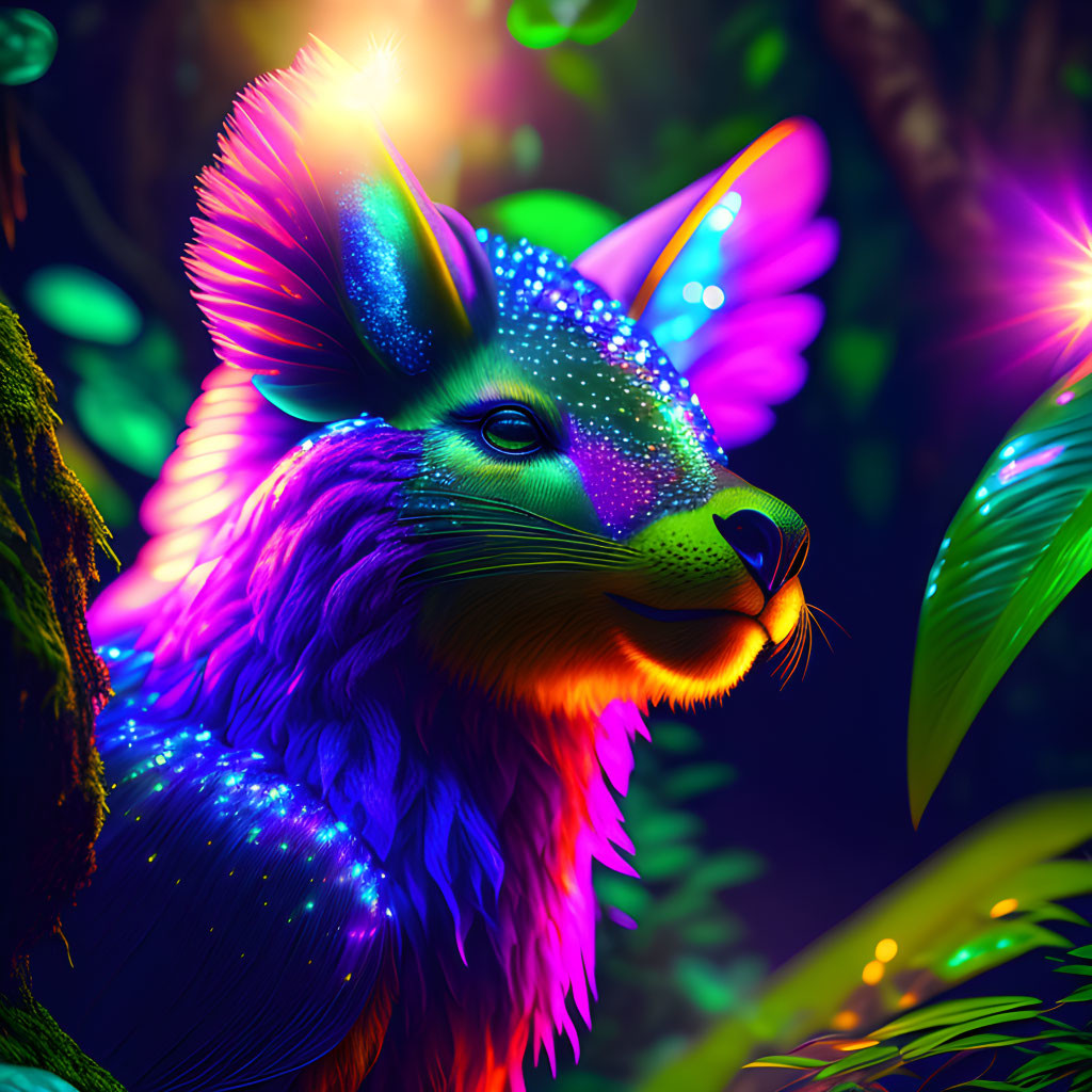 Colorful Digital Art: Mystical Fox with Neon Fur and Butterfly Wings in Dark Jungle