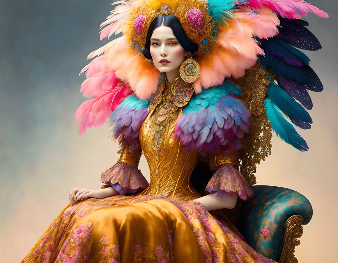 Regal woman in golden dress and feathered headdress