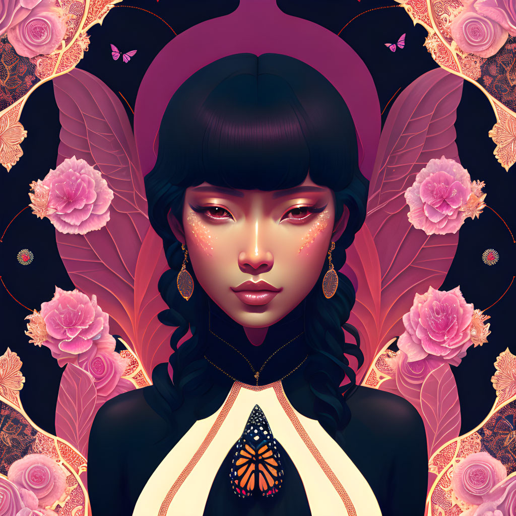 Illustrated portrait with dark hair, pink flowers, butterflies, and intricate patterns on warm dark background