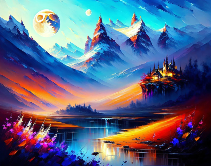 Colorful Landscape Painting with Castle, Snowy Mountains, Lake, Flowers, Moonlit Sky