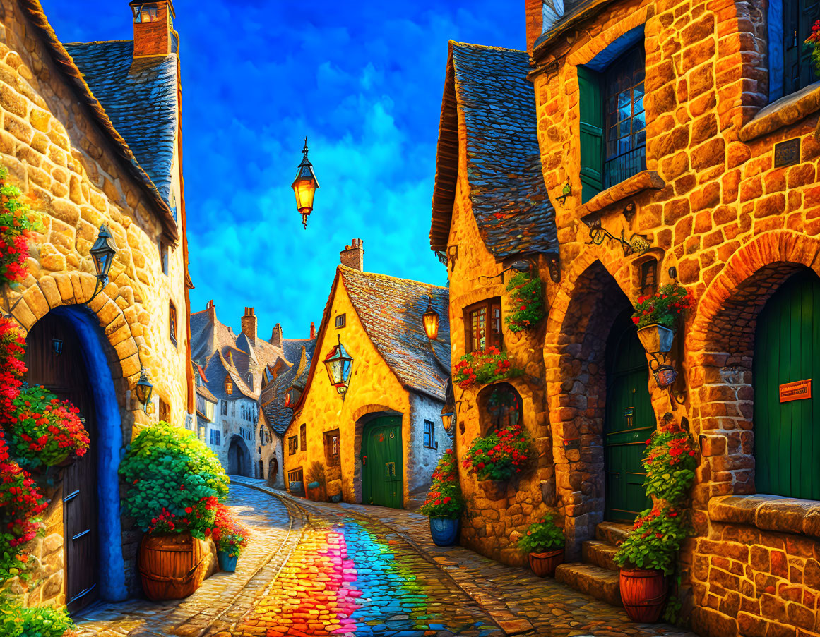 Traditional cobblestone street in quaint village with stone buildings, colorful doors, and blooming flower pots