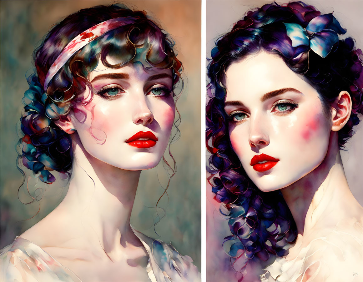 Stylized portraits of women with vibrant makeup and curly hair