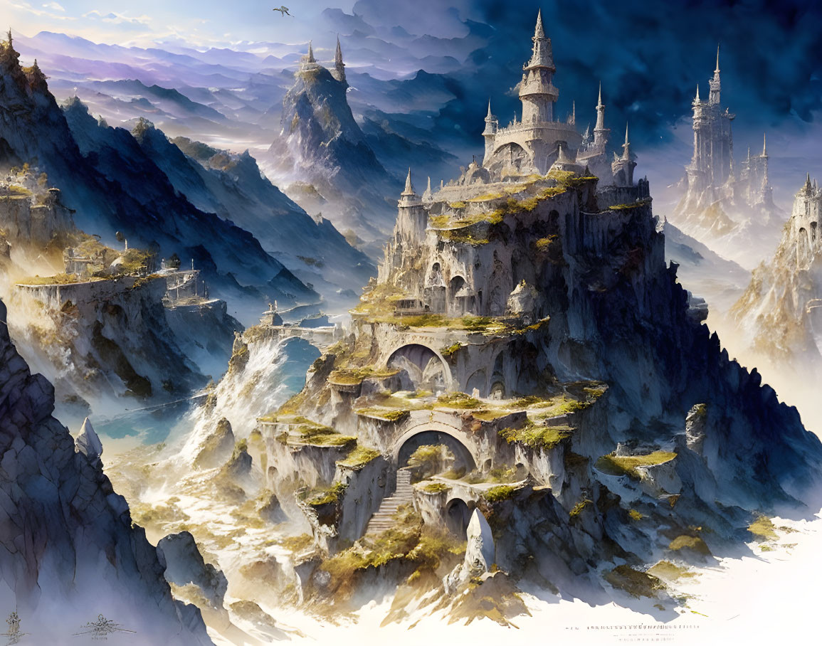 Majestic castles on jagged cliffs in a fantastical landscape