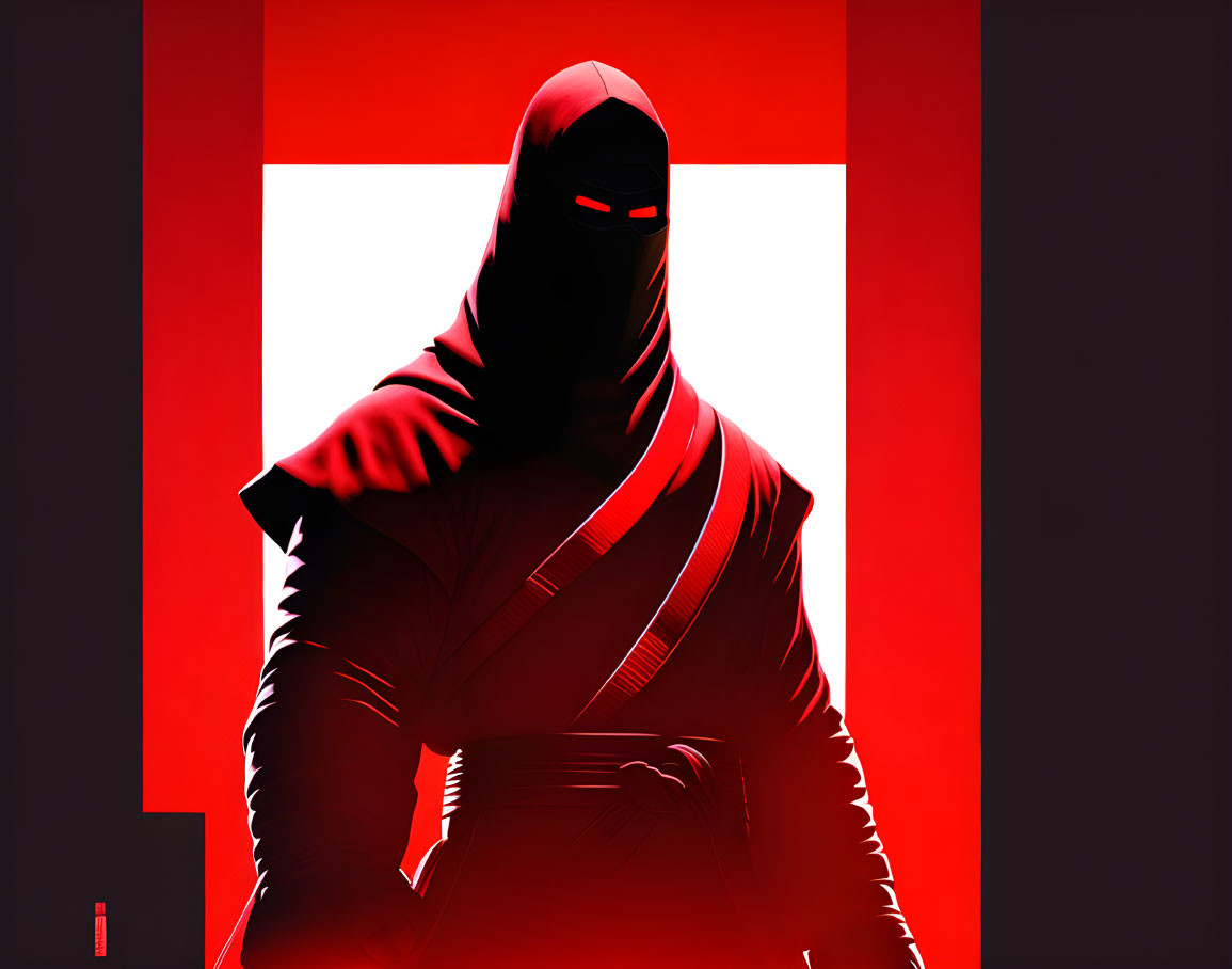 Mysterious Figure in Red Hood and Cloak on Geometric Background