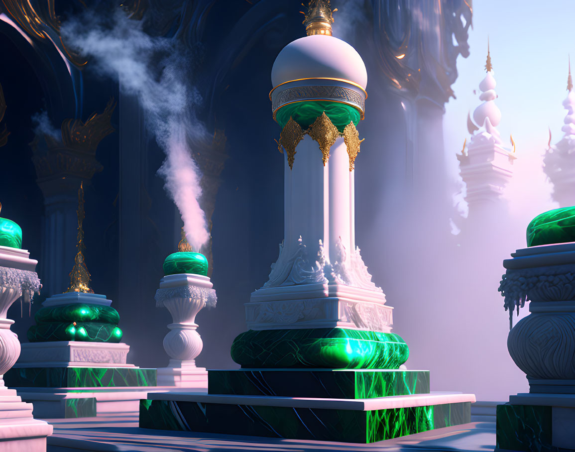 Ethereal fantasy palace with white & green marble pillars in mystical fog