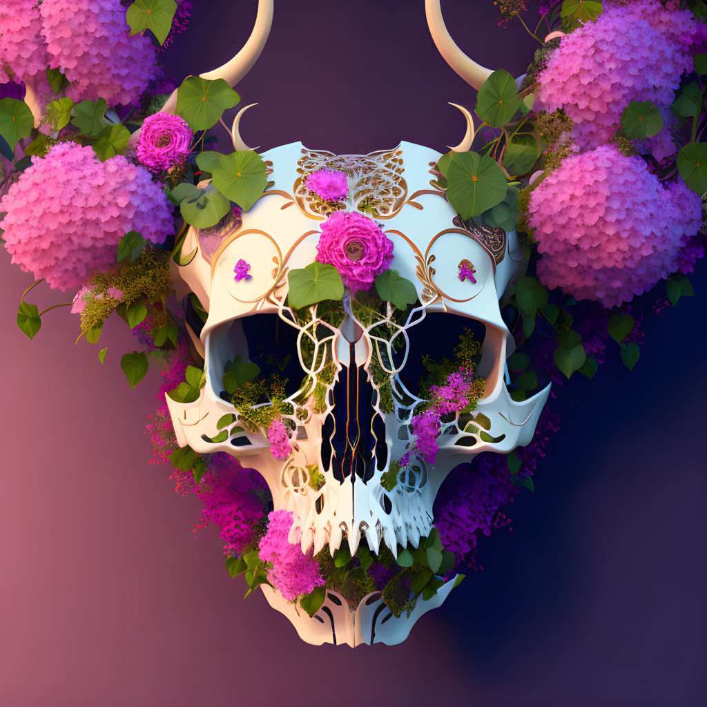 Intricate floral patterns on animal skull with pink hydrangeas