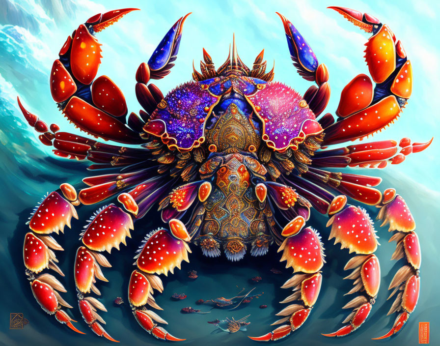 Colorful Mythical Crab Art with Red Claws and Iridescent Shell