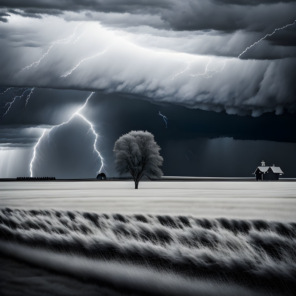 Dramatic black and white lightning strike near lone tree, house, and church under foreboding