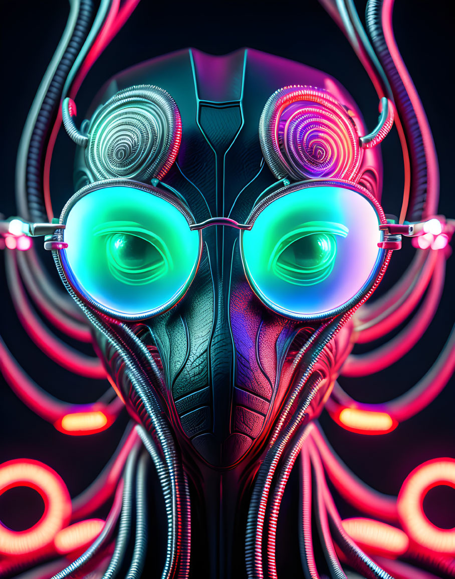 Colorful digital artwork of alien figure with glowing eyes and neon eyewear on dark background