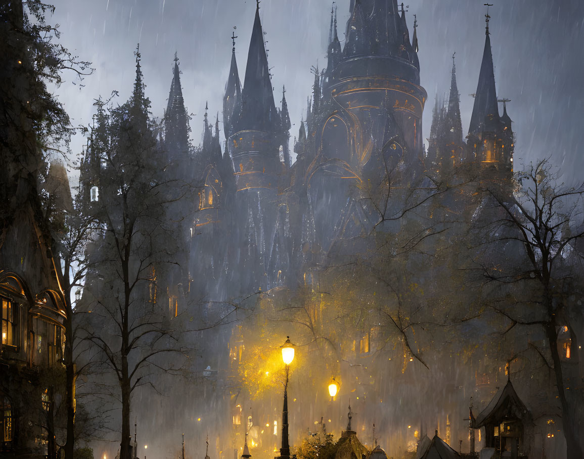 Gothic castle at night with streetlamp illumination in heavy rain and fog